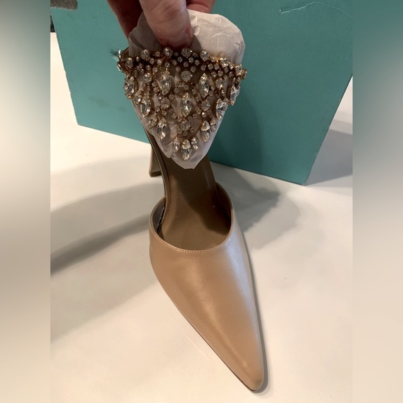 Rebecca Blue, dress shoes size 10, Gold, crystal details around ankle strap. 4” - Picture 9 of 10